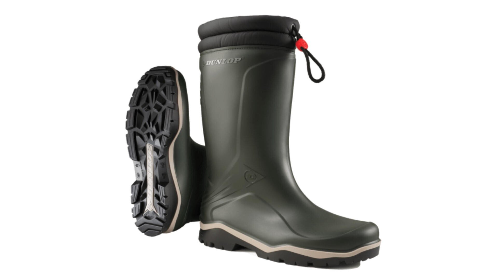 Ein Paar dunkelgrüne Dunlop-Regenstiefel mit robusten schwarzen Sohlen, wobei ein Stiefel aufrecht steht und der andere auf der Seite liegt, um das Profil zu zeigen; beide haben einen Kordelzugverschluss an der Oberseite.